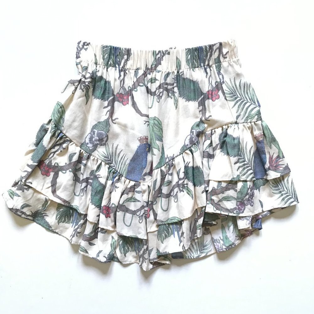 NWT Lobo Rosa Mini Skirt Womens Small Blue Green Jungle Bird Print Ruffle NEW